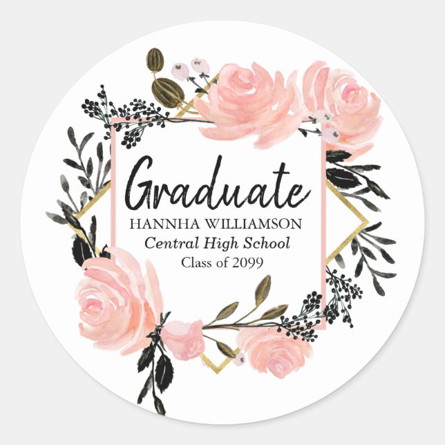 Sticker Rond Sceau d'enveloppe de graduation rose or et noir (Devant)