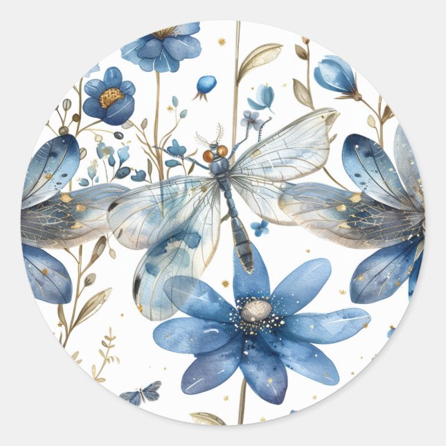 Sticker Rond Sceau d'enveloppe de libellule bleu floral (Devant)