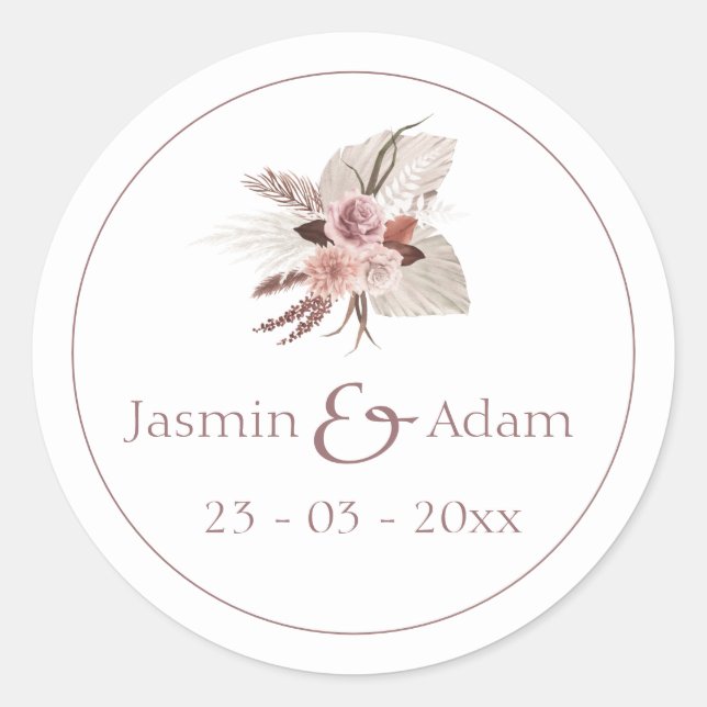 Sticker Rond Sceau d'enveloppe de Mariage Dusty Rose Pampas Boh (Devant)