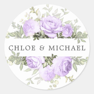 Sticker Rond Sceau d'enveloppe de Mariage Floral blanc violet