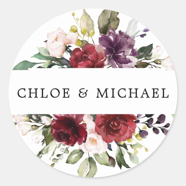 Sticker Rond Sceau d'enveloppe de Mariage floral de Bourgogne r (Devant)