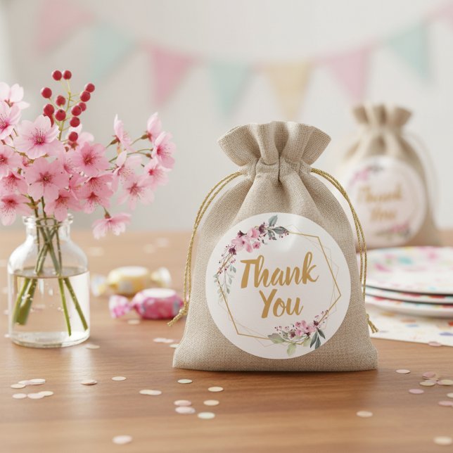 Sticker Rond Sceau d'enveloppe de Merci | Sakura Merci Étiquett (Thank you favor bag label with pink cherry blossom flowers.)