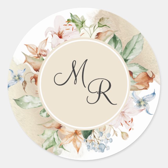 Sticker Rond Sceau d'enveloppe de monogramme beige floral (Devant)