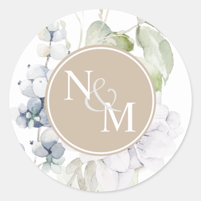 Sticker Rond Sceau d'enveloppe de monogramme floral blanc et be (Devant)