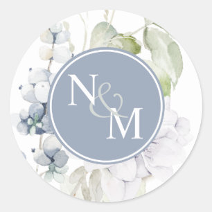 Sticker Rond Sceau d'enveloppe de monogramme floral bleu et bla