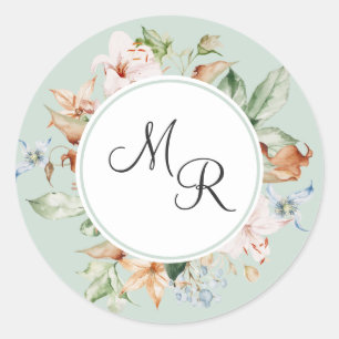 Sticker Rond Sceau d'enveloppe de monogramme floral vert, tons 