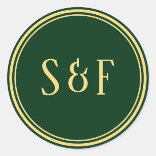 Sticker Rond Sceau d'enveloppe de monogramme vert et or