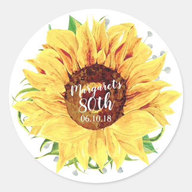 Sticker Rond Sceau d'enveloppe de tournesol jaune 80e anniversa (Devant)