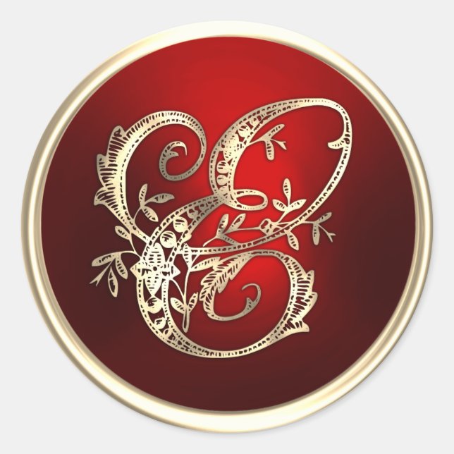 Sticker Rond Sceau d'enveloppe E Monogramme or et rouge (Devant)