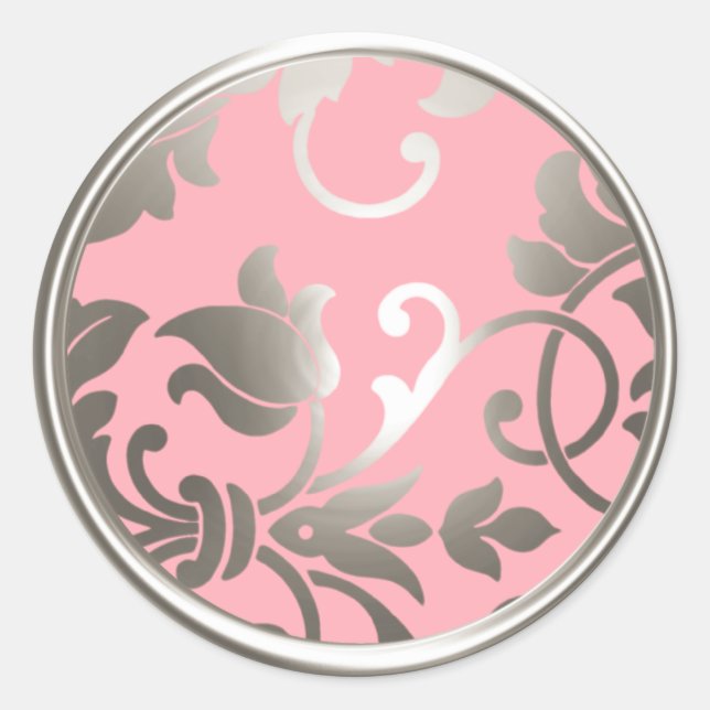 Sticker Rond Sceau d'enveloppe en argent et en damas rose (Devant)