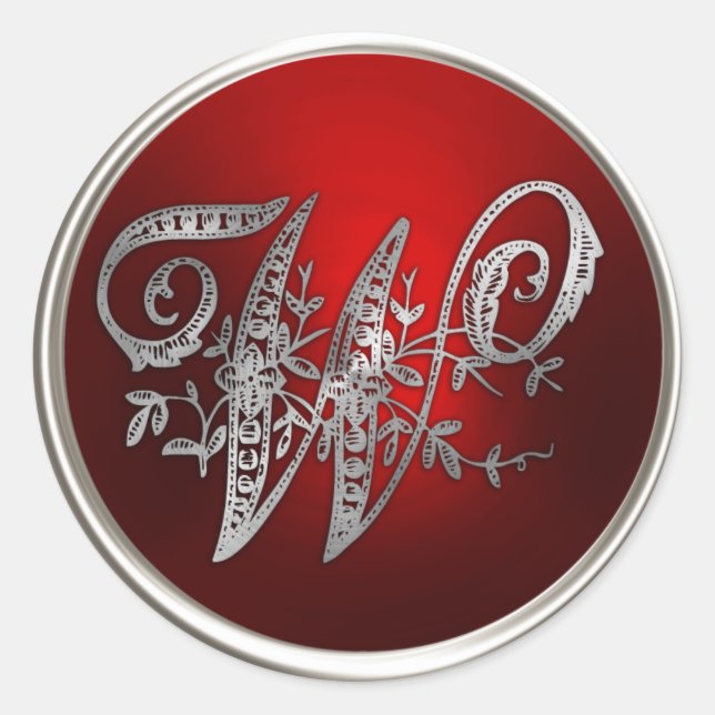 Sticker Rond Sceau d'enveloppe en argent et en monogramme rouge (Devant)