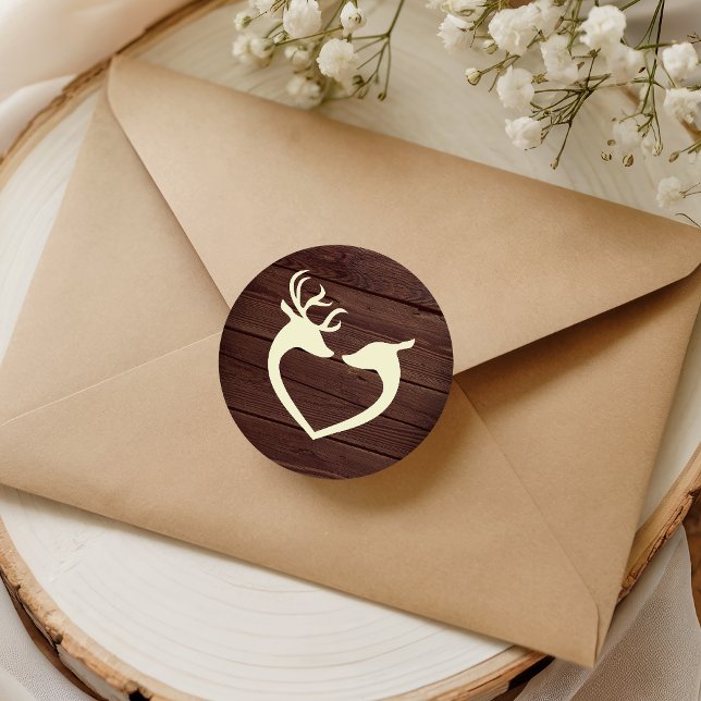 Sticker Rond Sceau d'enveloppe en bois rustique au cœur de cerf (Créateur téléchargé)