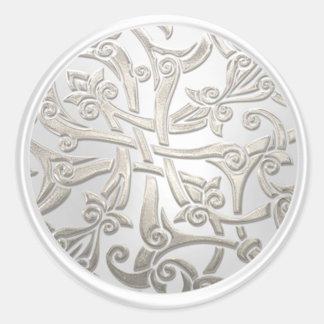 Sticker Rond Sceau d'enveloppe en damas célestes perle et argen (Devant)