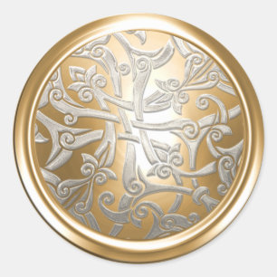 Sticker Rond Sceau d'enveloppe en or et argent en damas celtiqu