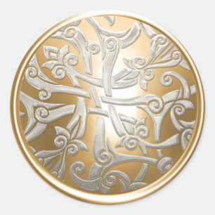 Sticker Rond Sceau d'enveloppe en or et argent en damas celtiqu