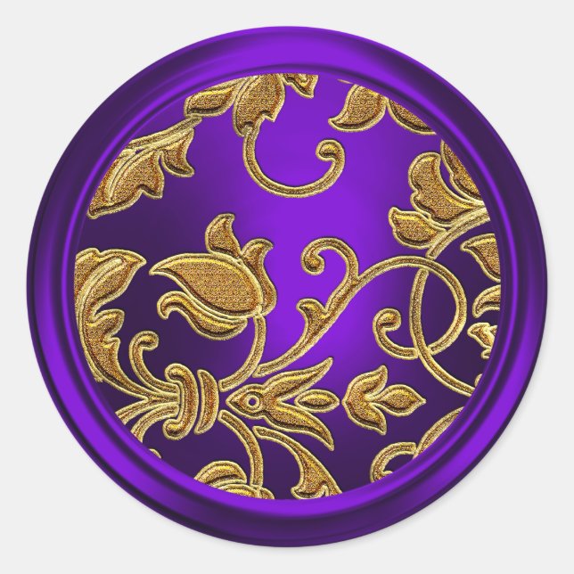 Sticker Rond Sceau d'enveloppe en or et en pourpre Damas (Devant)
