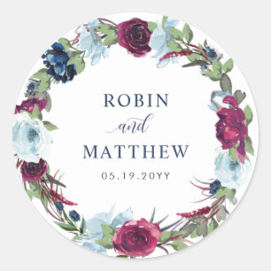 Sticker Rond Sceau d'enveloppe florale Berry, Bleu Bourgogne /