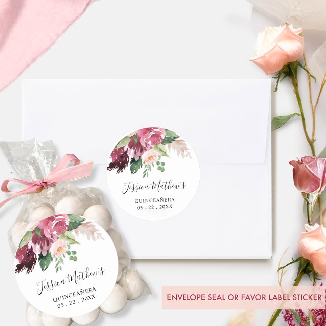 Sticker Rond Sceau d'enveloppe florale bordeaux et rose / Favor (Créateur téléchargé)