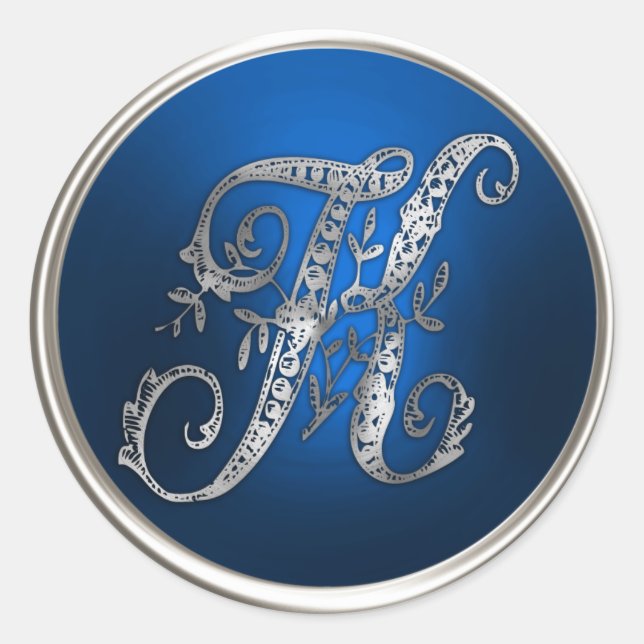 Sticker Rond Sceau d'enveloppe K Monogramme en argent et bleu (Devant)