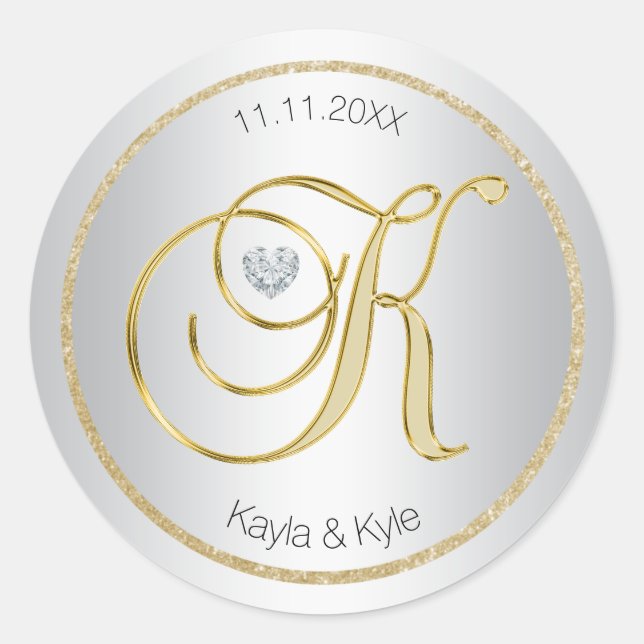 Sticker Rond Sceau d'enveloppe Mariage pour monogramme d'or d'a (Devant)