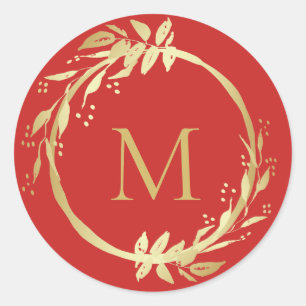 Sticker Rond Sceau d'enveloppe Monogram Gold Red Christmas