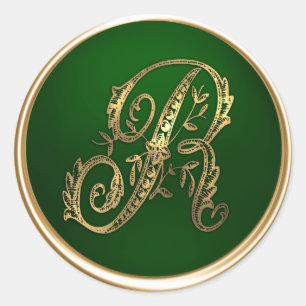 Sticker Rond Sceau d'enveloppe Monogramme R or et émeraude