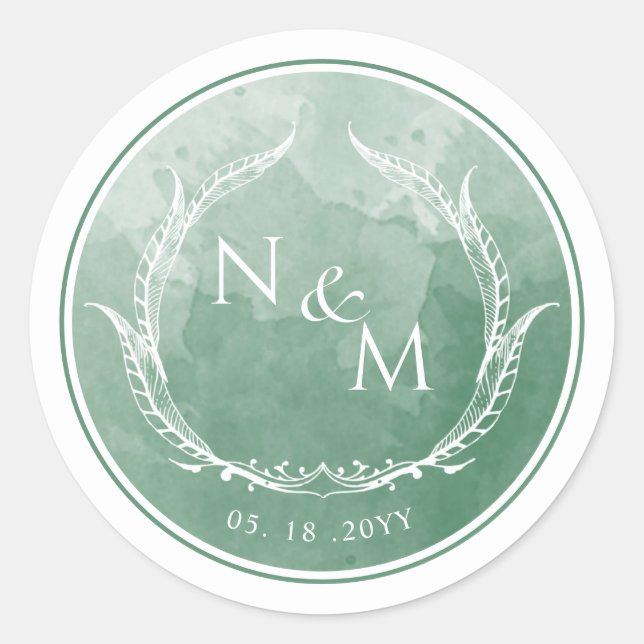 Sticker Rond Sceau d'enveloppe monogramme vert d'aquarelle /Fav (Devant)