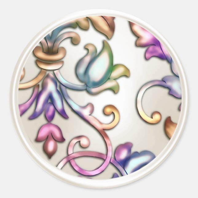 Sticker Rond Sceau d'enveloppe perle et arc-en-ciel Damas (Devant)