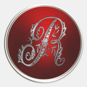 Sticker Rond Sceau d'enveloppe R monogramme rouge et argent