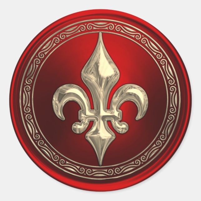 Sticker Rond Sceau d'enveloppe rouge et or Fleur de Lis (Devant)
