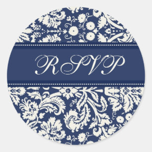 Sticker Rond Sceau d'enveloppe RSVP Mariage damassé bleu