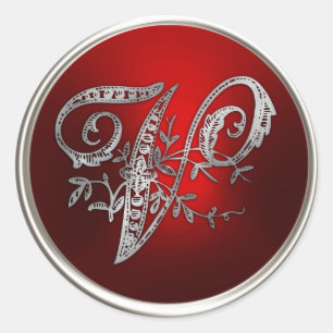Sticker Rond Sceau d'enveloppe V argent et monogramme rouge