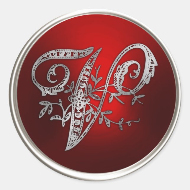 Sticker Rond Sceau d'enveloppe V argent et monogramme rouge (Devant)