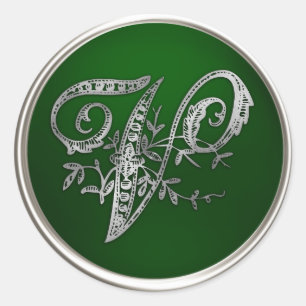 Sticker Rond Sceau d'enveloppe V monogramme argent et émeraude