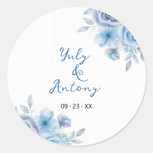 Sticker Rond Sceau floral rose bleu poussiéreux moderne doux
