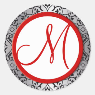 Sticker Rond Sceau Mariage à découpe rouge noir et argent Damas