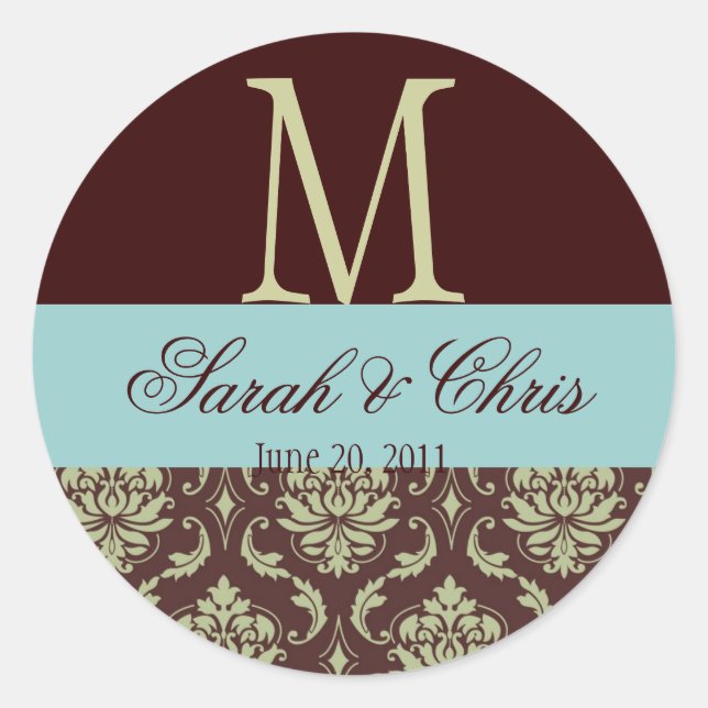 Sticker Rond Sceau Mariage bleu Brown Monogramme Damask (Devant)