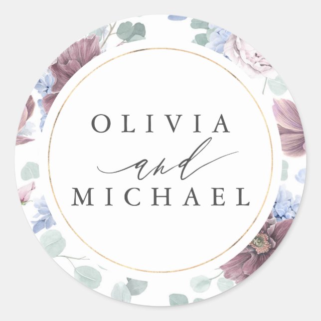 Sticker Rond Sceau Mariage bleu mauve et Dusty (Devant)