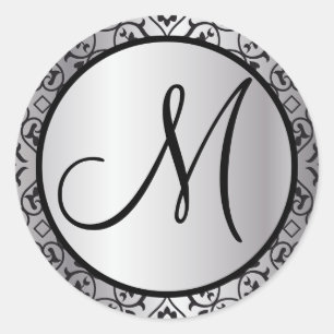 Sticker Rond Sceau Mariage de découpe Damask noir et argent