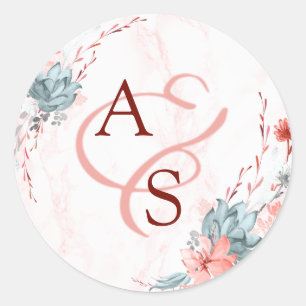 Sticker Rond Sceau Mariage de marbre floral de corail