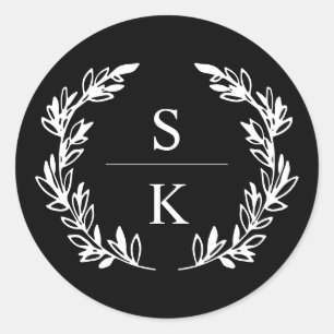 Sticker Rond Sceau Mariage de monogramme de couronne de laurier