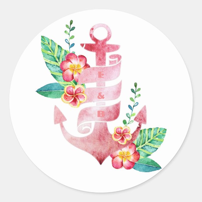 Sticker Rond Sceau Mariage de plage florale de Nautical (Devant)