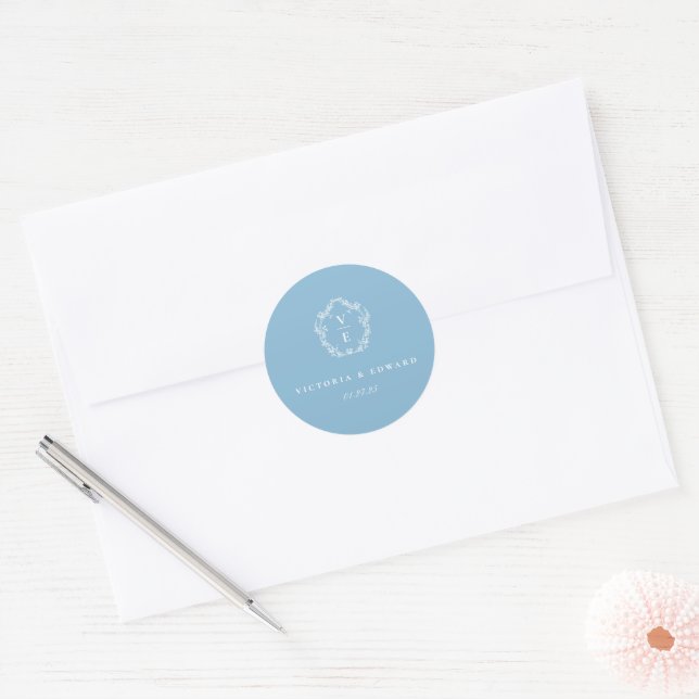 Sticker Rond Sceau Mariage d'enveloppe de monogramme bleu ciel (Enveloppe)