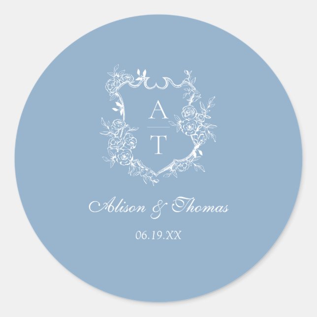Sticker Rond Sceau Mariage d'enveloppe en monogramme bleu pouss (Devant)