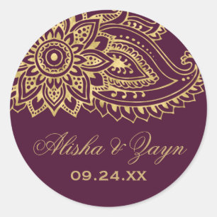 Sticker Rond Sceau Mariage d'enveloppe Gold Indian Paisley