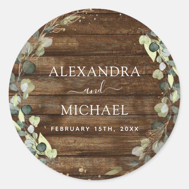 Sticker Rond Sceau mariage Eucalyptus Bois rustique Verdure (Devant)