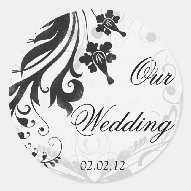 Sticker Rond Sceau Mariage floral noir et blanc (Devant)