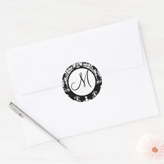 Sticker Rond Sceau Mariage noir Damask Monogram (Enveloppe)