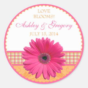 Sticker Rond Sceau Mariage rose Gerber Daisy Orange Plaid