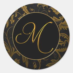 Sticker Rond Sceau Monogram M Gold et Black Mariage damassé